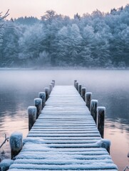 Fototapeta premium Snow-covered dock by lake