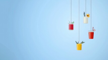 Colorful Hanging Planters with Small Plants Against Light Blue Background