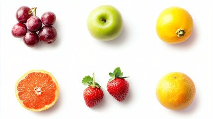 Colorful assortment of fresh fruits, vibrant grapes, green apple, citrus slices, strawberries, and yellow lemon on a clean surface.