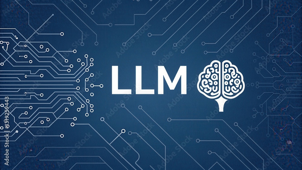 Poster llm large language models. modern design showcasing llm with brain and circuitry on a blue backgroun
