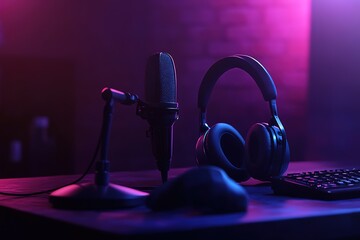 Professional Studio Setup Microphone, Headphones, Keyboard in Neon Light