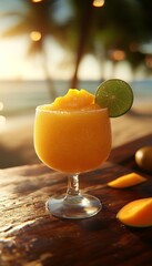 frozen mango margarita daquiri blended cocktail in a glass at a bar on the beach