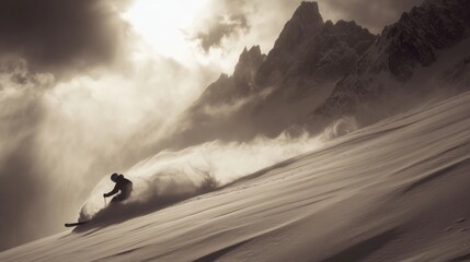 Dynamic Skiing Action on Powdery Snow in Majestic Mountainscape