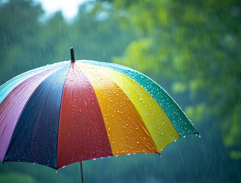 Un paraguas de distintos colores bajo la lluvia