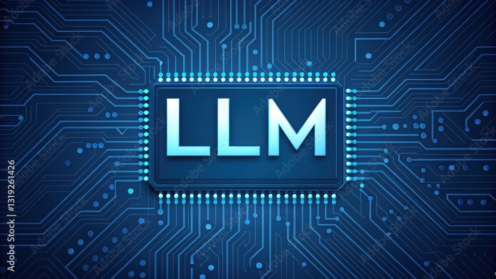 Poster llm large language models. digital circuit board design featuring the acronym llm in a blue theme.