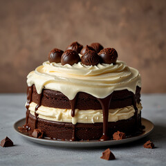 Decadent chocolate cake with rich, creamy frosting, topped with chocolate shavings and a glossy ganache, beautifully presented on a rustic wooden table, perfect for dessert lovers