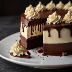 Decadent chocolate cake with rich, creamy frosting, topped with chocolate shavings and a glossy ganache, beautifully presented on a rustic wooden table, perfect for dessert lovers