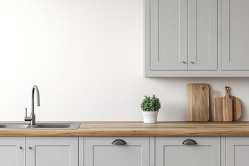 Modern Kitchen Design Light Grey Cabinets, Wood Countertop, and Stainless Steel Sink