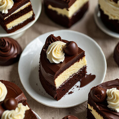 Decadent chocolate cake with rich, creamy frosting, topped with chocolate shavings and a glossy ganache, beautifully presented on a rustic wooden table, perfect for dessert lovers