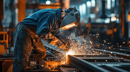 A welder in protective gear skillfully welding metal in a busy industrial workshop, sparks flying