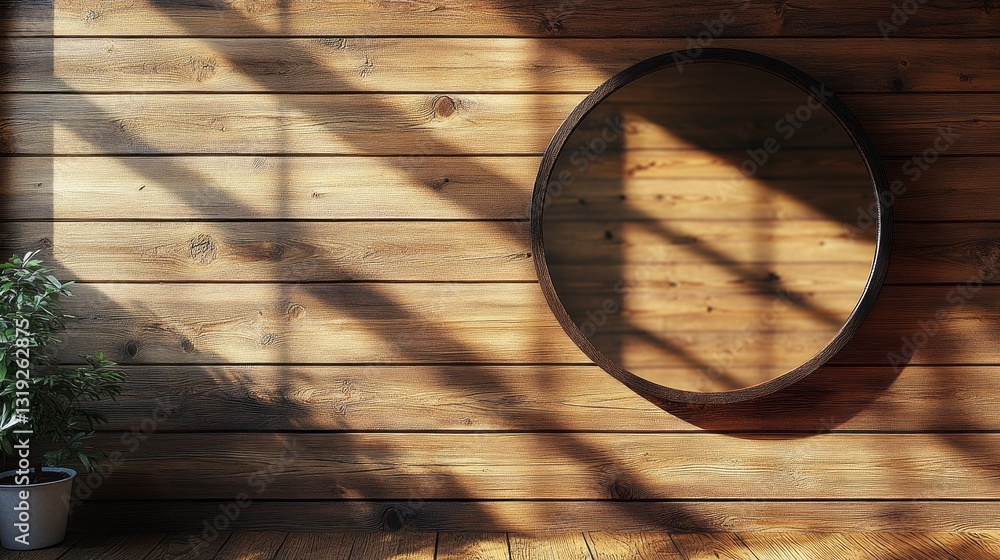 Poster warm sunlight streams through a window, casting shadows on a rustic wooden wall. a circular mirror r