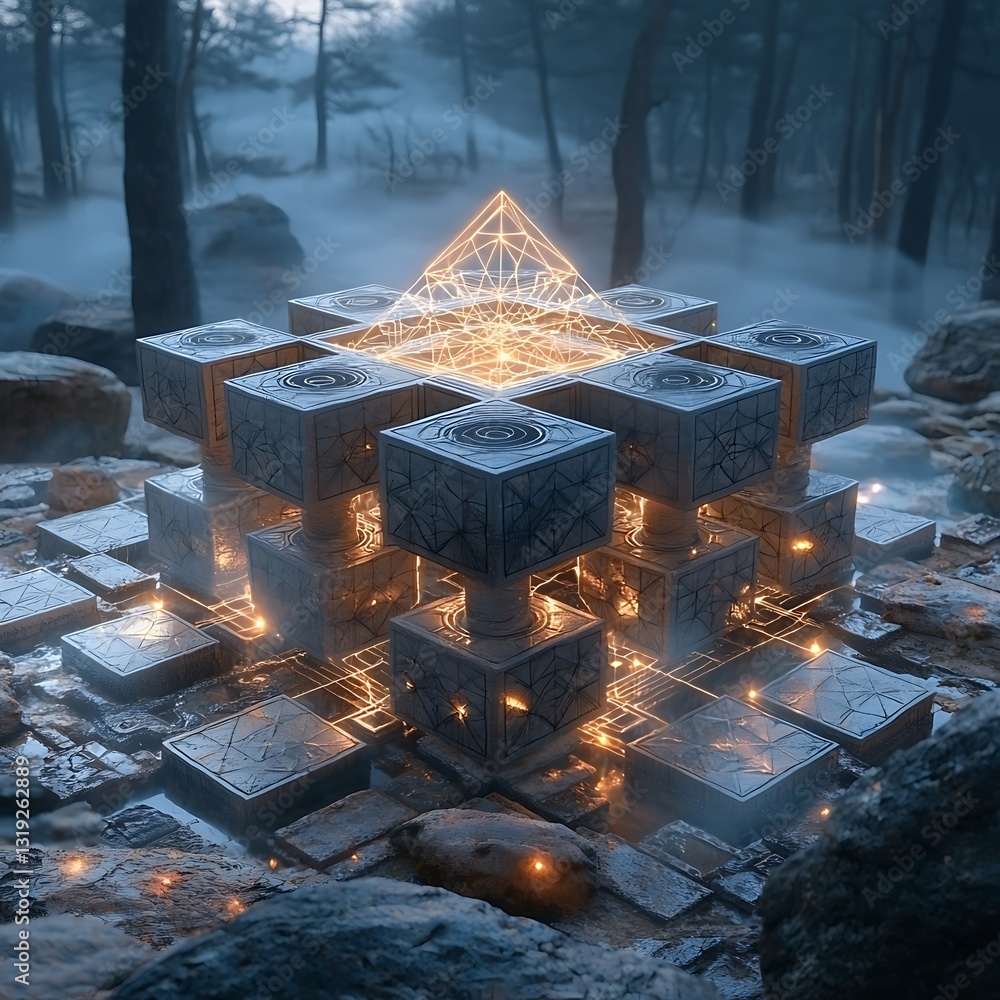 Poster glowing stone cube structure in misty forest