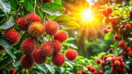 Lush rambutan orchard: vibrant tropical fruit photography showcasing exotic Asian fruit trees.
