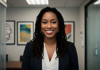 confident african-american businesswoman smiling in modern office

