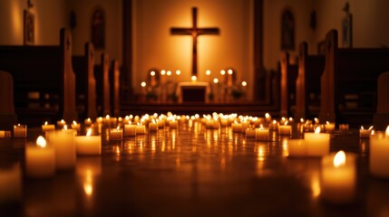 Church interior with lit candles and cross