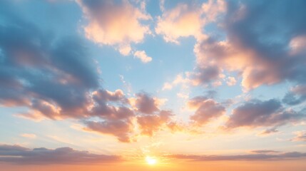 Fototapeta premium Vibrant sunset over calm sea, warm hues blending with clouds, serene moment capturing nature's beauty, perfect for relaxation themes.