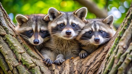 Obraz premium Three juvenile raccoons peering from behind a tree trunk, displaying their inquisitive nature and adorable features