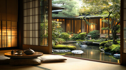 traditional Japanese tea ceremony is set in serene Zen style room overlooking tranquil garden with lush greenery and koi pond. ambiance is peaceful and harmonious