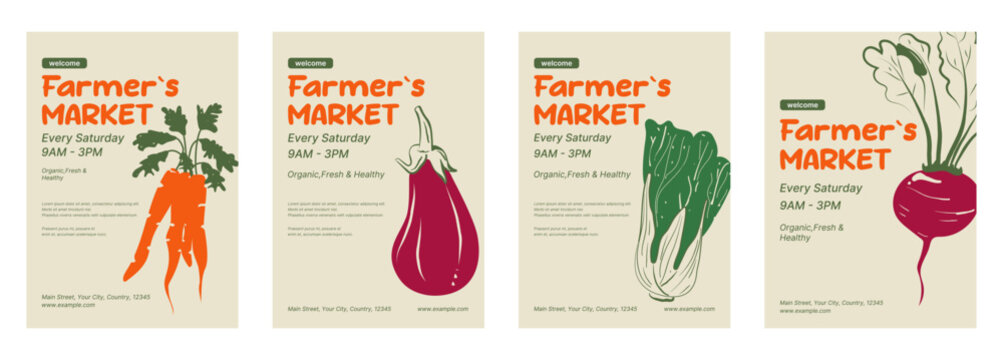 Vegetables. A set of backgrounds, covers, posters, flyers for a farmer's market. Hand-drawn invitations to the harvest fair. Vector illustration: eggplant, cabbage, carrot, beetroot.