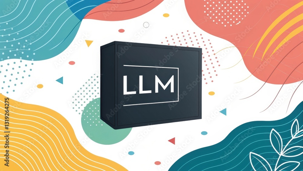 Poster llm large language models. modern box with llm logo surrounded by colorful abstract patterns.
