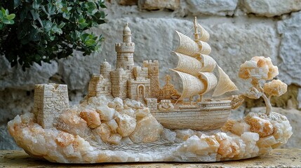 Obraz premium Ornate stone carving of castle and ship