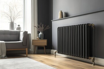 Stylish Black Column Radiator in Modern Living Room Interior Design