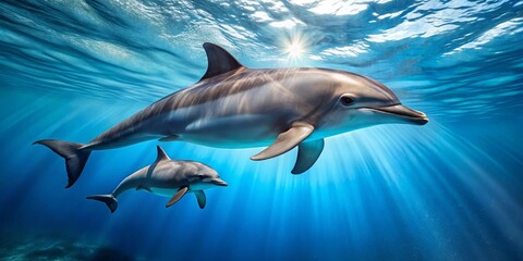 Fototapeta premium Majestic dolphins swimming gracefully beneath sunlit ocean waves, a breathtaking underwater scene of marine life