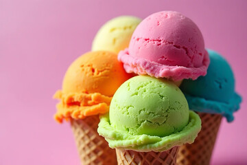 Close-up of beautifully crafted ice cream cones in various flavors . Perfect for themes of summer, dessert, and sweet indulgence.