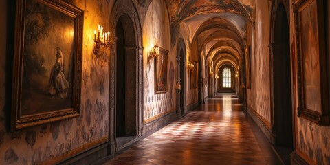 Obraz premium Long Hallway with Paintings