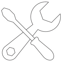 Icon of the crossed wrench and screwdriver, symbolizing repair, settings, and technical support. Vector illustration with thin black lines on a transparent background. Editable stroke thickness