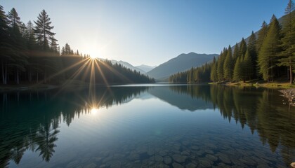  Sun reflecting on a mountain lake with trees on the shore
