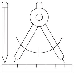 Icon of a compass, ruler, and pencil, symbolizing precision, measurement, and engineering design. Vector illustration with thin black lines on a transparent background. Editable stroke thickness