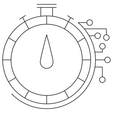 Icon of a stopwatch with electronic circuit elements, symbolizing AI-driven efficiency, speed, and technological optimization. Vector illustration with thin black lines. Editable stroke thickness
