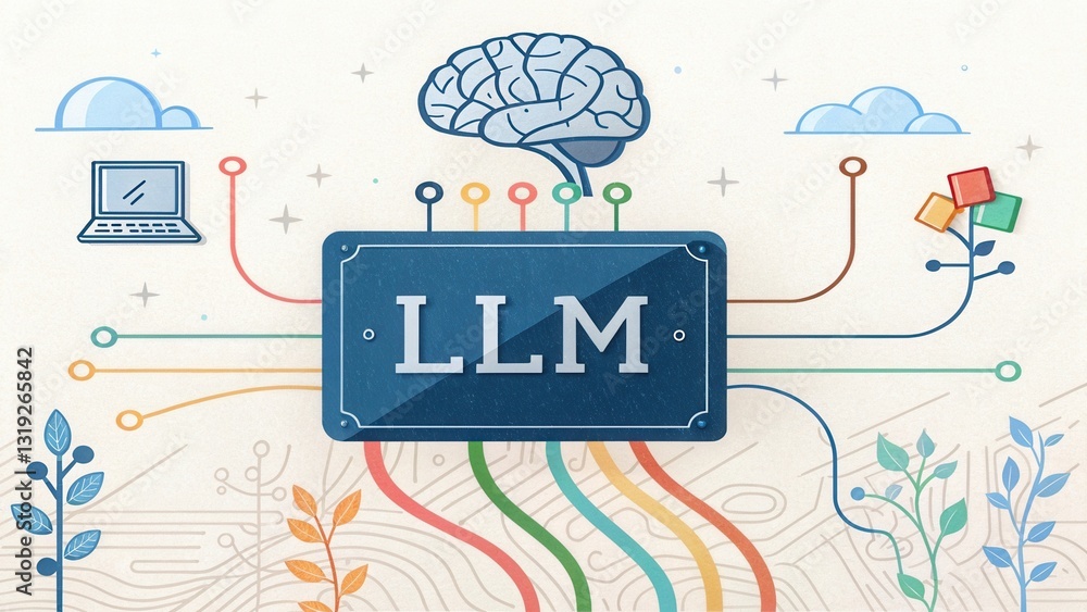 Poster llm large language models. visual representation of llm technology with brain, laptop, and colorful 
