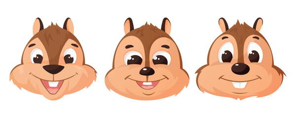 Cute cartoon chipmunk heads with big eyes and a happy smile. Adorable woodland animal mascot, perfect for kids products, games, stickers, and logos. Vector isolated illustration set