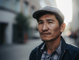 Pensive man in a cap standing on a city street