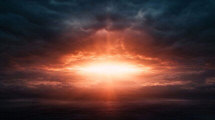 Fototapeta premium Vibrant cosmic explosion, radiant orange light amidst dark swirling clouds, perfect for sci-fi themes and digital art backgrounds.