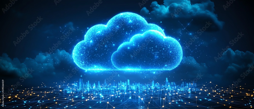 Poster a digital cloud above a cityscape, representing cloud computing, data storage, and advanced technolo
