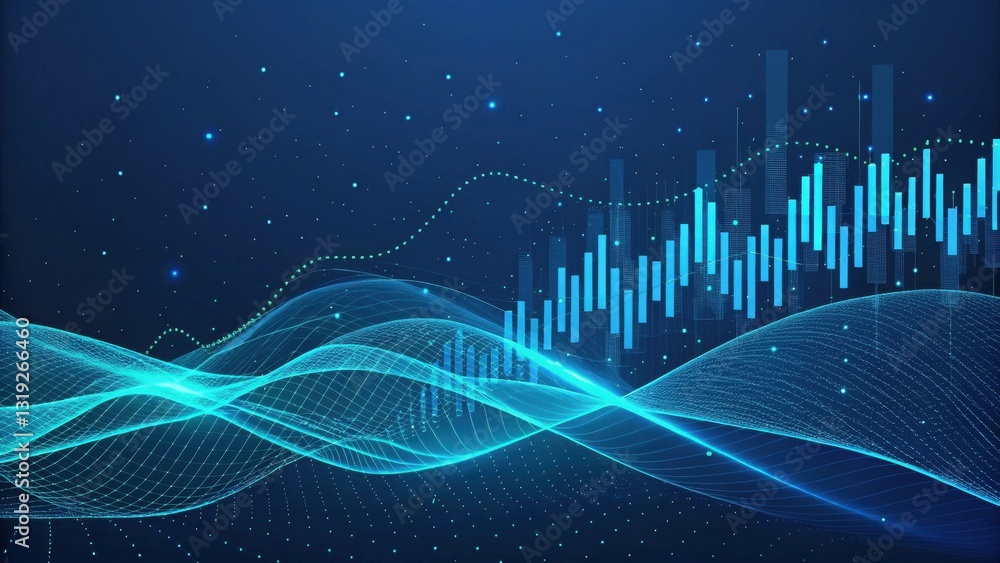 Poster llm large language models. digital abstract waves with glowing graphs and particles on a blue backgr