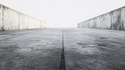 A Solitary Path Stretching Towards A Bright, Undefined Future Between Weathered Concrete Walls Under A Stark, Minimalist Sky