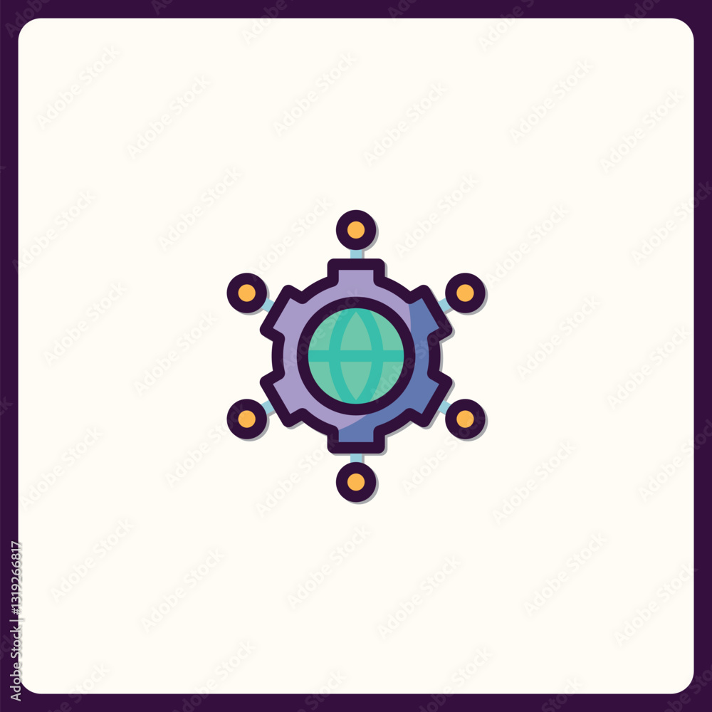 Poster global connectivity represented by cogwheel and interconnected nodes icon