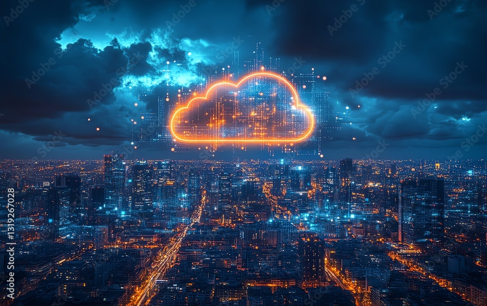 Poster digital cloud over a sprawling cityscape, symbolizing cloud computing and the power of data storage,