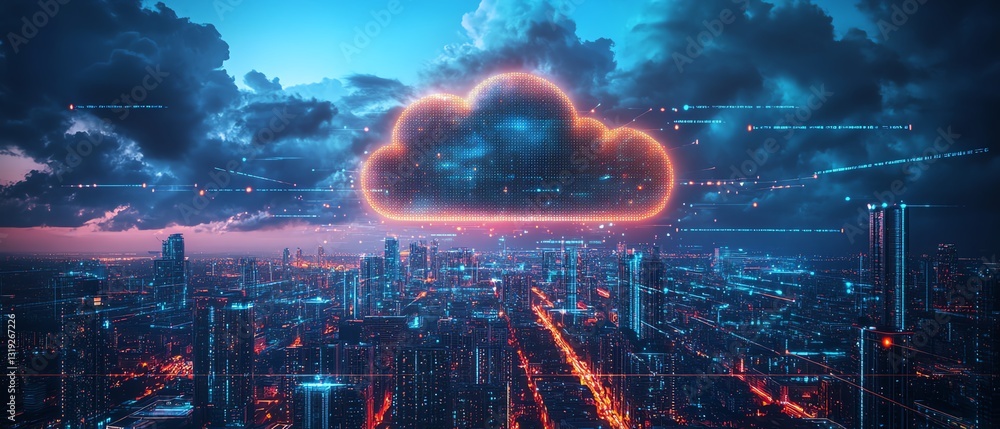 Poster cloud computing concept with a glowing digital cloud over a modern city, symbolizing data storage an