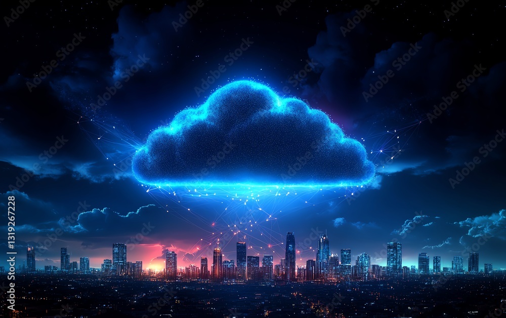 Poster cloud computing concept with a digital cloud hovering over a cityscape, symbolizing data storage and