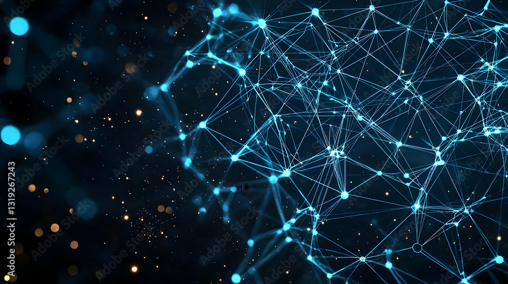 Poster abstract futuristic technology background with glowing blue plexus network on dark background with l