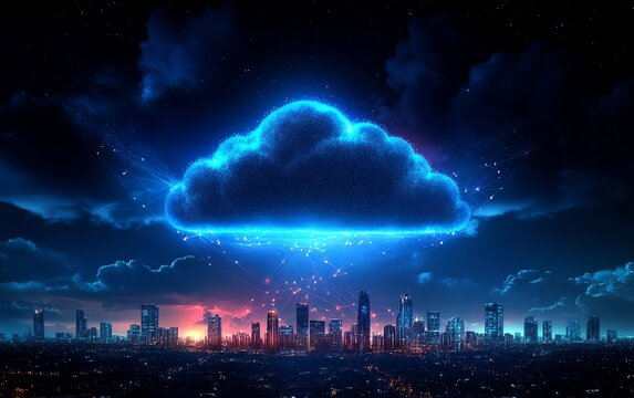 Cloud computing concept with a digital cloud hovering over a cityscape, symbolizing data storage and technology, with glowing connections and a futuristic urban environment