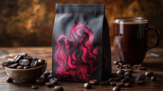 Dark roasted coffee bag, beans, and cup - Powered by Adobe