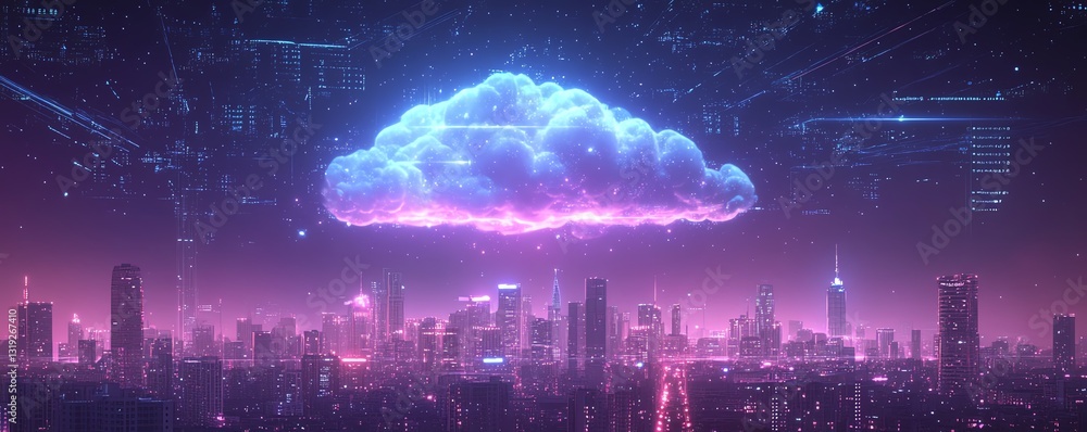 Poster cloud computing concept with a digital cloud hovering over a cityscape, symbolizing data storage and