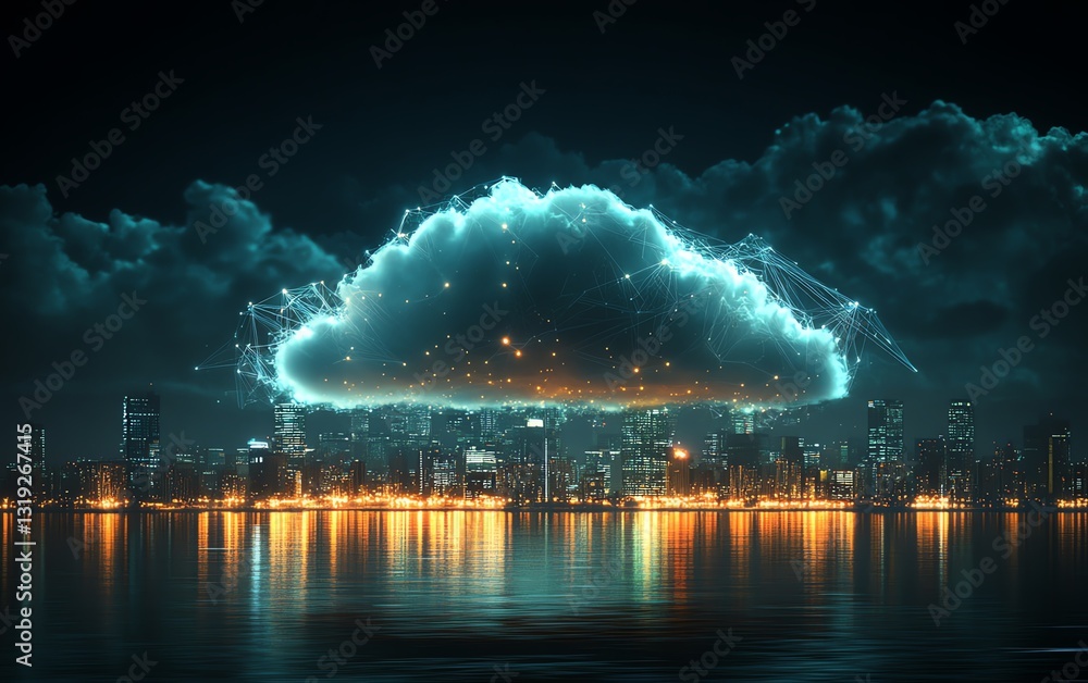 Poster cloud computing concept with a digital cloud hovering over a cityscape, symbolizing data storage and