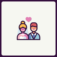 Stylized wedding couple icon with a floating heart of everlasting love
